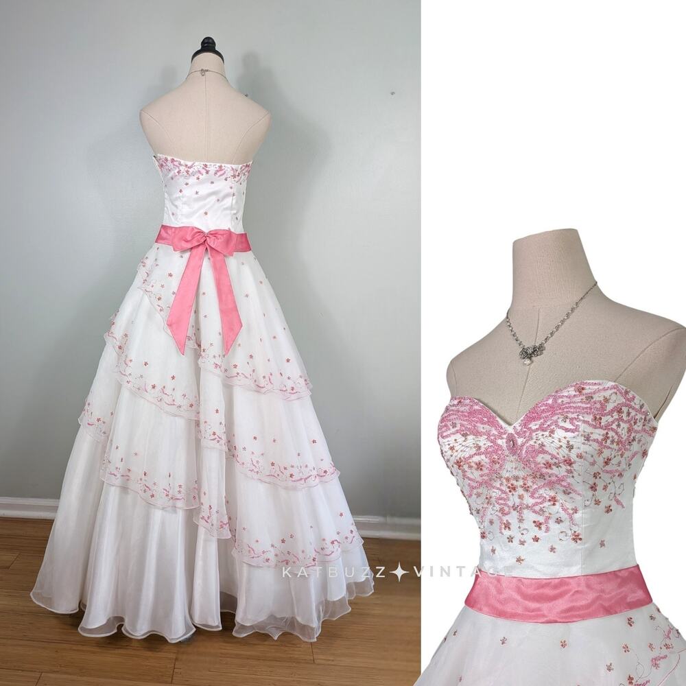 Vintage Alyce Prom Dress Maxi Gown 6 White Pink Y2K Princess Wedding Coquette - Picture 2 of 16